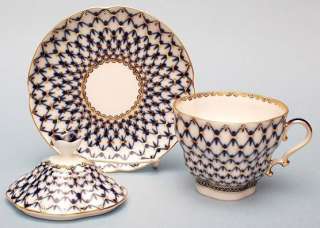 Lomonosov Porcelain Covered Cup and Saucer Cobalt Net  