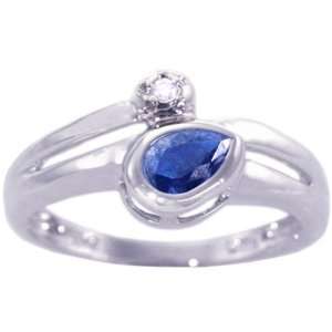  14K White Gold Pear Gemstone and Diamond Promise Ring Blue 
