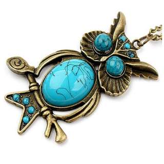 Retro Style Bronze Blue Eye Stone Gem Turquoise Owl Pendant Necklace 