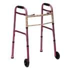   Button Release Aluminum Folding Walkers with Non Swivel Wheels   Pink