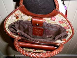 FOSSIL Burgundy Green Beige Tapestry Cognac Brown Braided Leather Tote 