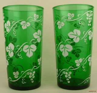 Vintage Forest Green Glass 16 oz Tumblers White Grape  