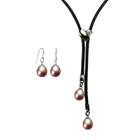  Lavender Cultured Pearl Heart Slider Leather Lariat Necklace, Pearl 