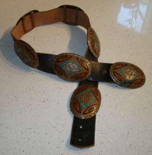 Signed Old Unusual Indian Copper Turquoise Coral Inlay 9 Concho Belt 