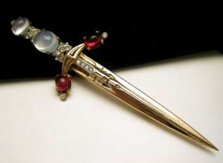   Sterling Vermeil Sword Brooch Lucite Jelly Belly Rhinestone Glass