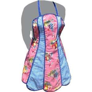 Lucy French Cut Oilcloth Apron   Pink Fruit / Blue  
