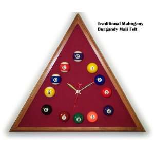  Mahogany Triangle Billiard Clock Burgandy Mali Felt 