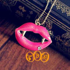   Rhinestone Pink Lip Long sweater Chain Pendent alloy Necklace  