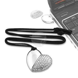   USB Flash Drive , 4GB Silver Jeweled Metal Heart Necklace 