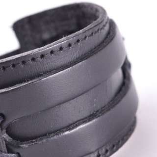 Double Layers Surfer Cuff Wristband Leather Bracelet Black S030  