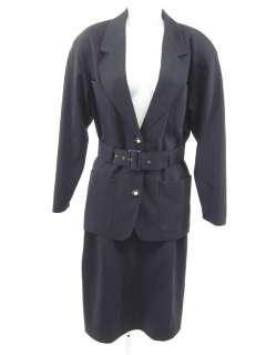 LOUIS FERAUD Navy Blue Belted Wool Skirt Suit Size 8  