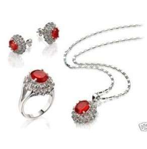 Red Crystal necklace pendant earrings ring set  