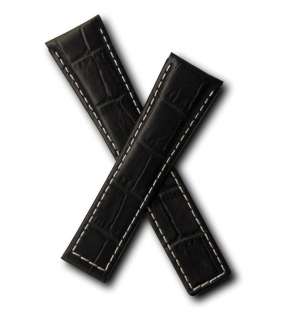 Black crocodile style leather watch strap with white stitching to fit 