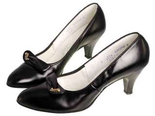 Vintage Black Leather Pumps Shoes NIB 1950s Crimson 9A  