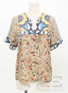   Van Noten Tan & Multicolor Silk Floral Print Short Sleeve Blouse Size