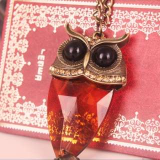Janpan Vintage Red Amber Brass Owl Pendant Bronze Chain Woman Retro 