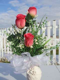 Remembrance Pink Roses White Vase Silk Flower Designer Anniversary 