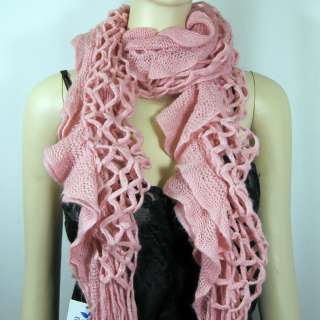 Ruffle & Tassel Fringe Soft Scarf Crochet Knit Pink Neck Wrap NEW 