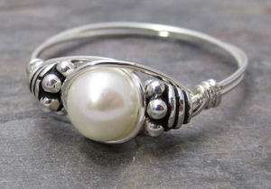   FW Cultured Pearl Bali Sterling Silver Wire Wrapped Bead Ring ANY size