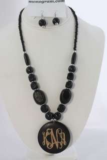 Monogrammed Black Oblong Wood Engraved Necklace Set  