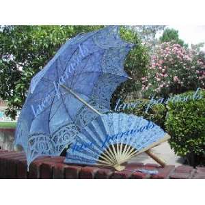  Blue Battenburg Lace Parasol/Lace Fan 