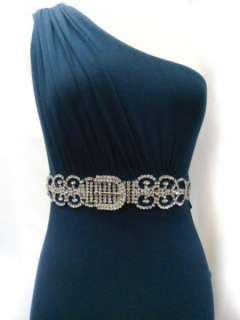SKY Brand One Shoulder Crystal Belt Midnight Blue Dress  