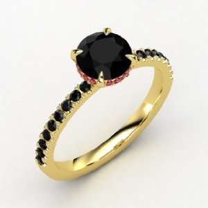   Ring, Round Black Onyx 18K Yellow Gold Ring with Ruby & Black Diamond