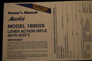 Marlin Model 1895GS Lever Action Rifle 45/70 Govt. Owners Manual (2 