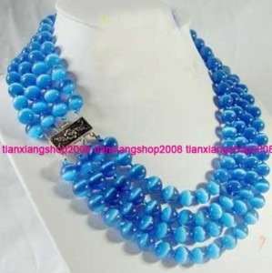 RARE 4 ROWS 8MM BLUE OPAL BEAD NECKLACE 17 20  