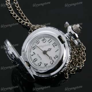   Silver Hollow Pattern Round Pocket Watch Necklace Chain Gift  