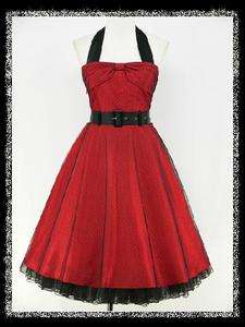   RED HALTER 40s 50s ROCKABILLY RETRO COCKTAIL PROM PARTY VINTAGE DRESS