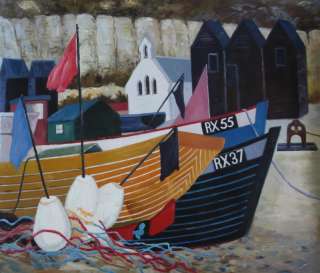 HASTINGS SUSSEX FISHING BOATS FISHERMENS CHURCH oil on canvas SUPERB 