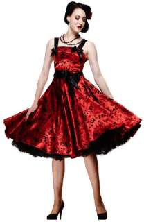HELL BUNNY Bright Red ~TaTToo FLoCKeD~Satin 50s Party Evening Dress XS 
