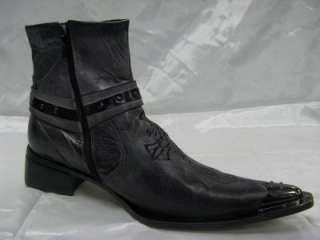 FIESSO~NEW~DARK GREY LEATHER~WITH EMB~ METAL TIP~BOOTS  