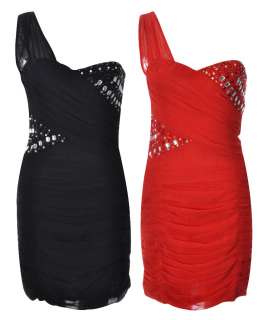 Womens Chiffon Pleated Bandage Dresses One Shoulder Diamond Stud Dress 