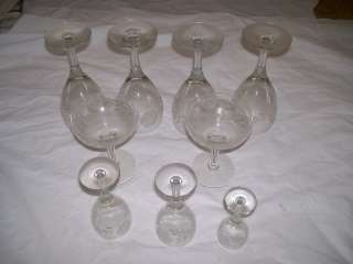 etched floral crystal glasses assorted sizes Vintage  