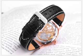 Luxury KS Skeleton Mechanical Analog Leather Band Men Wrist Watch 