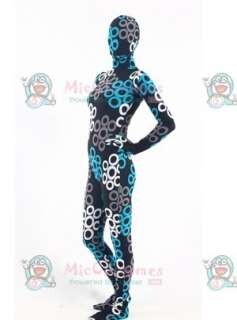 Black lycra zentai suit with blue white and grey circles