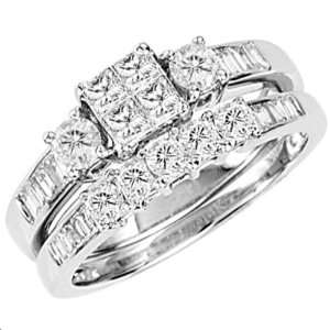  14k White Gold Princess & Round Diamond Ladies Bridal Ring Set 