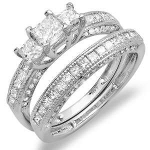 Gold Princess and Round Diamond Ladies Bridal 3 Stone Ring Engagement 
