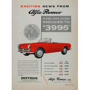 1961 Alfa Romeo 2000 SPIDER Red Convertible Price Ad   Original Print 