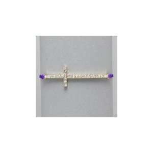 Sideways Cross Bracelet, Gold with Rhinestones & Purple Cord, Bling 