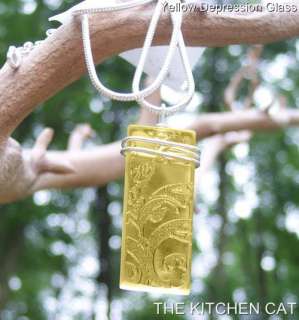 Vintage Amber Depression Era Glass Rectangle Pendant Necklace w 