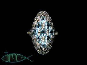 NEW STERLING SILVER Marcasite Aquamarine Cluster Ring 8  