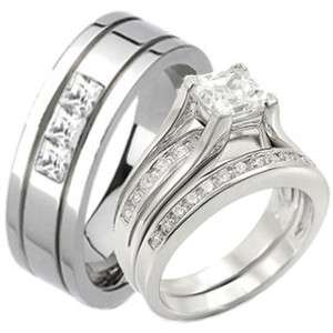 His Hers TITANIUM STERLING SILVER Wedding Matching Band Ring Set CZ 