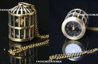 Vintage Brass Bird Cage Pendant Necklace Pocket Watch N 215