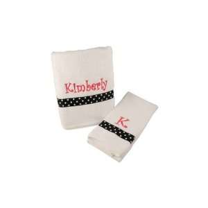 Personalized White Bath & Hand Towel Set with Ribbon Accent   Black 