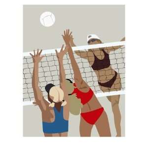 Women Playing Beach Volleyball. Giclee Poster Print