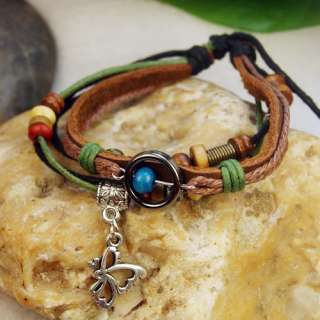 Tibet Silver Wood Beads Butterfly Cord Leather Bracelet  
