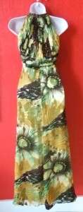 CACHE green/brown/gold SILK beaded long gown formal full length dress 